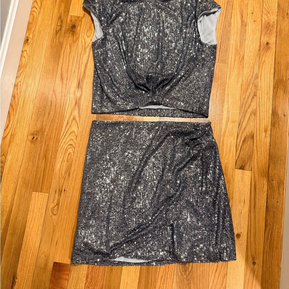 LOFT Sparkling Charcoal Sequin Skirt and Top Set
